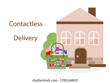Vector illustration Contactless delivery. Bag with household supplies left at entrance to house. Coronavirus COVID-19 Quarantine Order Transfer. Virus protection, infection prevention Control Epidemic