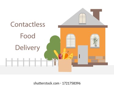 Vector illustration Contactless delivery. Food bag left at the entrance to the house. Coronavirus COVID-19 Quarantine Order Transfer. Virus 2019-nCoV protection, infection prevention. Control Epidemic