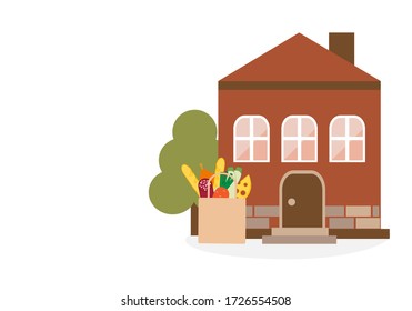 Vector illustration Contactless delivery. Food bag left at the entrance to the house. Coronavirus COVID-19 Quarantine Order Transfer. Virus 2019-nCoV protection, infection prevention. Control Epidemic