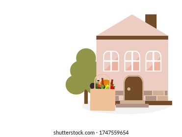 Vector illustration Contactless delivery. Food bag left at the entrance to the house. Coronavirus COVID-19 Quarantine Order Transfer. Virus 2019-nCoV protection, infection prevention. Control Epidemic