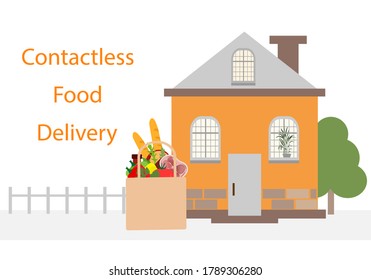 Vector illustration Contactless delivery. Food bag left at the entrance to the house. Coronavirus COVID-19 Quarantine Order Transfer. Virus 2019-nCoV protection, infection prevention. Control Epidemic