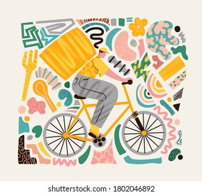 vector illustration contactless delivery. delivery of food by courier. ordering food online. courier service food delivery in box on bicycle. abstract design with creative graphic shapes, food box.