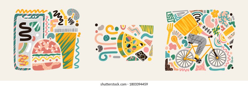 vector illustration contactless delivery. delivery of food by courier. ordering food online. courier service food delivery in box on bicycle. abstract design with creative graphic shapes, food box.