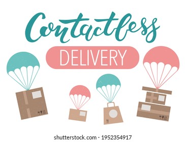 Vector illustration of Contactless Delivery handwritten lettering. The visualisation of contact free delivery idea. Banner, poster, flyer, logo or label template for delivery service company. EPS10