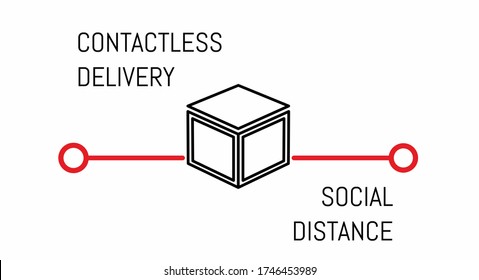 Ilustración vectorial de entrega sin contacto y mantenimiento de distancia social. Dibujo de línea. Caja en el camino de vendedor a comprador. Subtítulos: entrega sin contacto y distancia social.