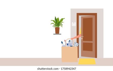 Vector illustration Contactless delivery. Medicines bag left at entrance to the house. Coronavirus COVID-19 Quarantine Order Transfer. Virus 2019-nCoV protection, infection prevention Control Epidemic
