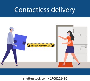 Vector illustration Contactless delivery People. Coronavirus COVID-19 Quarantine. Courier and customer keep safe distance when transferring order  virus 2019-nCoV protection, infection prevention