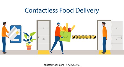 Vector illustration Contactless delivery People. Coronavirus COVID-19 Quarantine. Courier and customer keep safe distance when transferring order  virus 2019-nCoV protection, infection prevention