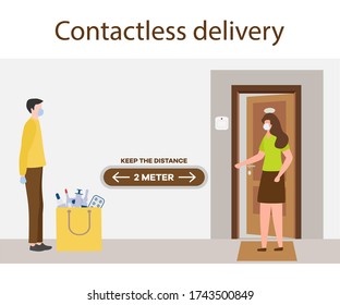 Vector illustration Contactless delivery People. Coronavirus COVID-19 Quarantine. Courier and customer keep safe distance when transferring order  virus 2019-nCoV protection, infection prevention