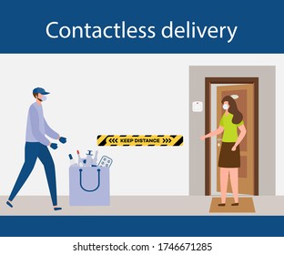 Vector illustration Contactless delivery People. Coronavirus COVID-19 Quarantine. Courier and customer keep safe distance when transferring order  virus 2019-nCoV protection, infection prevention