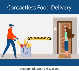Vector illustration Contactless delivery People. Coronavirus COVID-19 Quarantine. Courier and customer keep safe distance when transferring order  virus 2019-nCoV protection, infection prevention