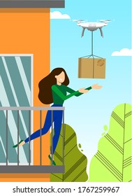 Vector illustration, contactless delivery service concept for private interests. A quadrocopter delivering food or parcels directly to the hands of a client standing on the balcony. Quarantine, corona