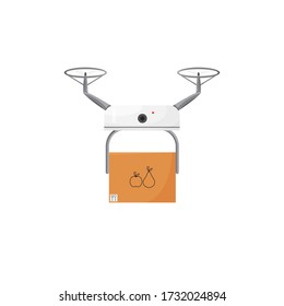 Ilustración vectorial de la entrega de drones sin contacto aislada. Servicio exprés sin contacto para llevar su compra. Diseño plano de caricatura del futuro sistema logístico. Caja de cartón de cuaderno blanco