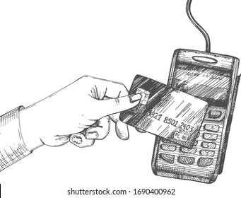 Vektorillustration-Illustration des kontaktlosen elektronischen Zahlungsterminalsystems. Menschliche Hand, die eine Kunststoffbank oder eine Kreditkarte hält Zahlung und Kauf. Vintage handgezeichnet Stil.