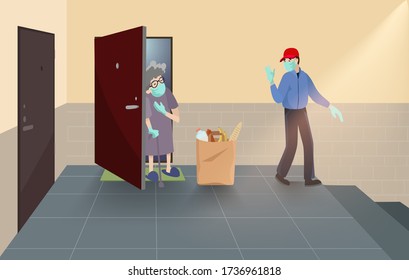 Vector illustration of
contactless food delivery. 