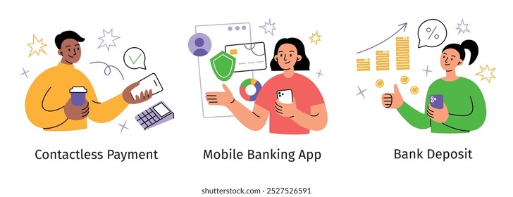 Ilustración vectorial de pago sin contacto, App bancario móvil y depósito bancario. Diseño plano de dibujos animados de personas que utilizan tecnologías bancarias y teléfonos inteligentes para la gestión financiera