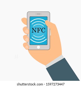Vector illustration of contactless payment with a smartphone. Hand holding a modern smartphone with NFC technology on the screen.
