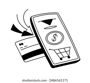 Vector illustration of a contactless payment terminal with a credit card, isolated on white background.