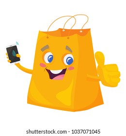 Vector illustration for contactless payments promotion, Near field communication or NFC air pay: Shopping Bag Mascot with a smartphone gadget and Contactless Payment symbol.