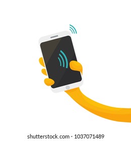 Vector illustration for contactless payments promotion or NFC paying: cartoon styled hand, smartphone and wireless pay symbol.