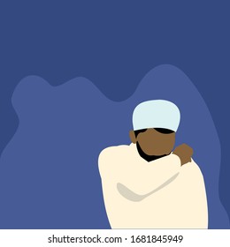 Vector illustration of contagious muslim man in hat covering cough with arm, hand. Protect people, against infection. Coronavirus, virus outbreak, flu, fever, sneezing, covid-19. Navy blue background