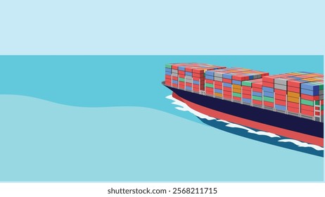 Vector illustration of container cargo ship. Global business import export logistic and transportation. International shipping by Container cargo vessel freight in the open sea.