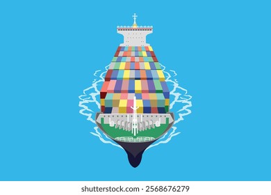 Vector illustration of Container cargo ship in the ocean for international trade and goods delivery. Logistics Delivery. Vessel freight Shipping  logistic global transportation on the sea