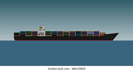 Vector illustration. Container cargo ship is sea. Flat design.