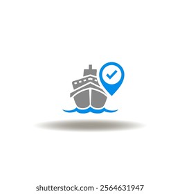 Vector illustration of container marine ship and location place marker with check mark. Symbol of cargo export import goods logistics sea port delivery. Icon of freight shipping customs.