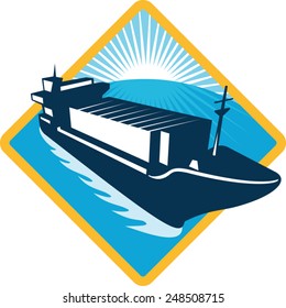 vector illustration of a container ship boat sailing viewed from the high angle set inside diamond done in retro style on isolated white background.
