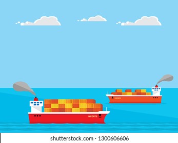 A Vector Illustration Of Container Ships, One Full And One Almost Empty. Representing A Trade Imbalance Between A Countries Imports And Exports.