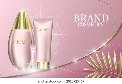 Ilustración vectorial de envases para la marca de productos cosméticos. Fondo rosa con hojas tropicales doradas. 3.ᵉʳ vector