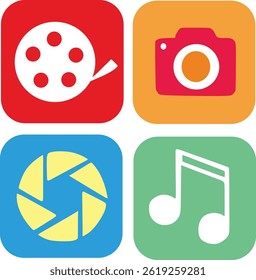 Vektorgrafik mit vier Multimedia-Designsymbolen