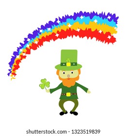 Vector illustration containing leprechaun standing under a rainbow