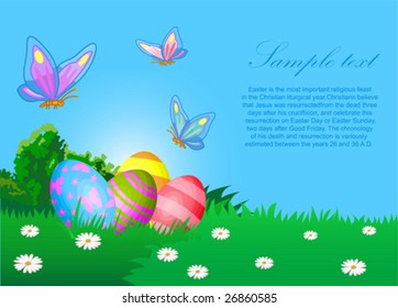The vector illustration contains the image of Easter eggs and butterflies