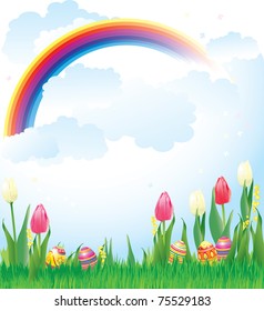 vector illustration contains the image of the Easter banner with flowers and eggs