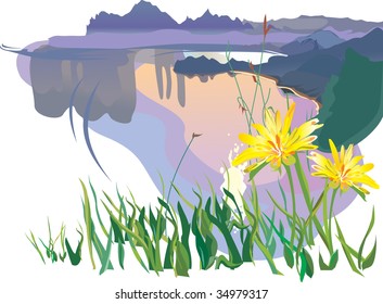 Vector illustration contains the image of  Landscape with flowers