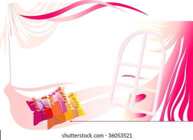 Vector illustration contains the image of  Window with a curtain and small pillows
