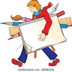 vector illustration contains the image of young artist with his art tools