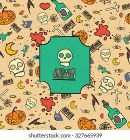 Vector illustration contains modern Halloween seamless pattern with different topical objects