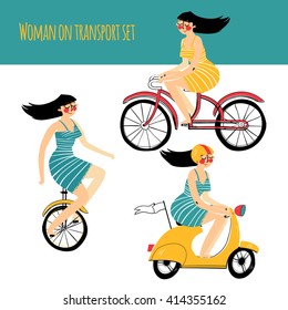 Vector illustration contains set of city traveler, woman in three different situations