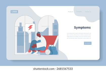 Vector illustration of a contemplative athlete sitting by a window, clutching knees, and showing signs of a headache. Urban background with sports equipment like a bag and ball.