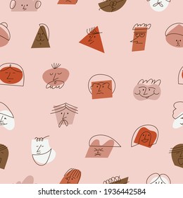 Vector illustration contemporary abstract faces with different emotions. Different colorful characters. Seamless pattern.