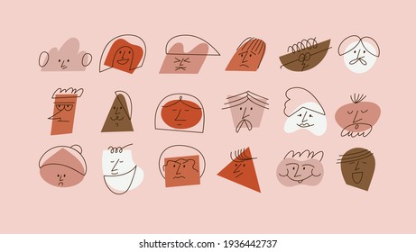 Vector illustration contemporary abstract faces with different emotions. Different colorful characters. Social media story highlight.