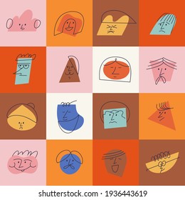 Vector illustration contemporary abstract faces with different emotions. Different colorful characters. Social media story highlight