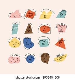 Vector illustration contemporary abstract faces with different emotions. Different colorful characters. Social media story highlight.