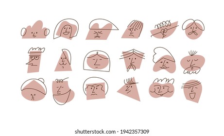 Ilustración vectorial caras abstractas contemporáneas con diferentes emociones. Diferentes personajes coloridos. Se destaca la historia de los medios sociales.