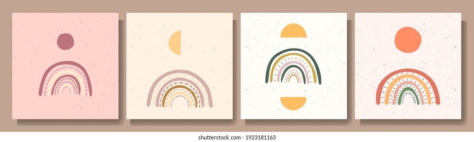 Vector illustration. Contemporary art backgrounds. Colorful rainbow. Design elements for social media template, blog post, square banner. Boho hand drawn doodle style. Vintage grunge grain overlay.