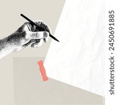 Vector illustration. Contemporary art collage. Male hand with pencil and blank paper. Creation of story. Making notes and sketches. Concept of art, creativity, imagination, fantasy expression, talent