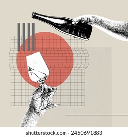 Ilustración vectorial. Collage de arte contemporáneo. Imagen conceptual. Vino vertiendo en vidrio. Degustación. Diseño retro. Tómate un descanso y bebe vino. Concepto de vacaciones, bebida alcohólica, bodega, obra de arte